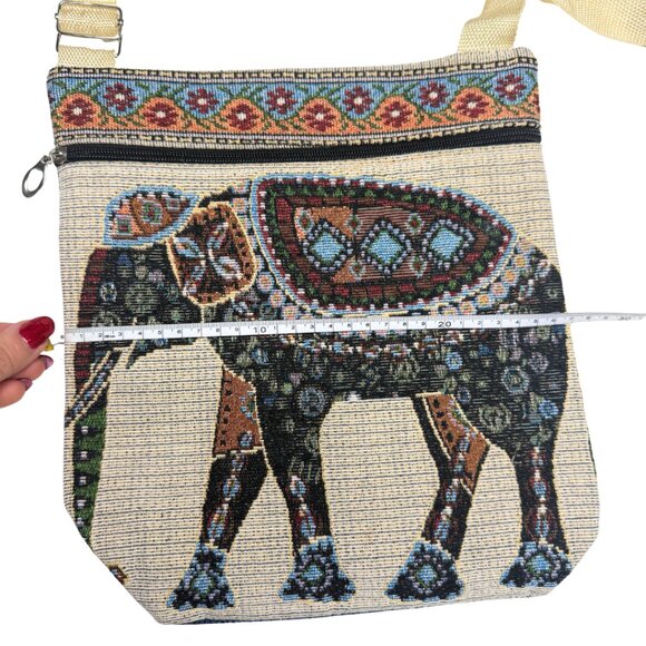 Boho Canvas Crossbody Bag | Embroidered Elephant Pattern | Bohemian Style - Picture 8 of 8
